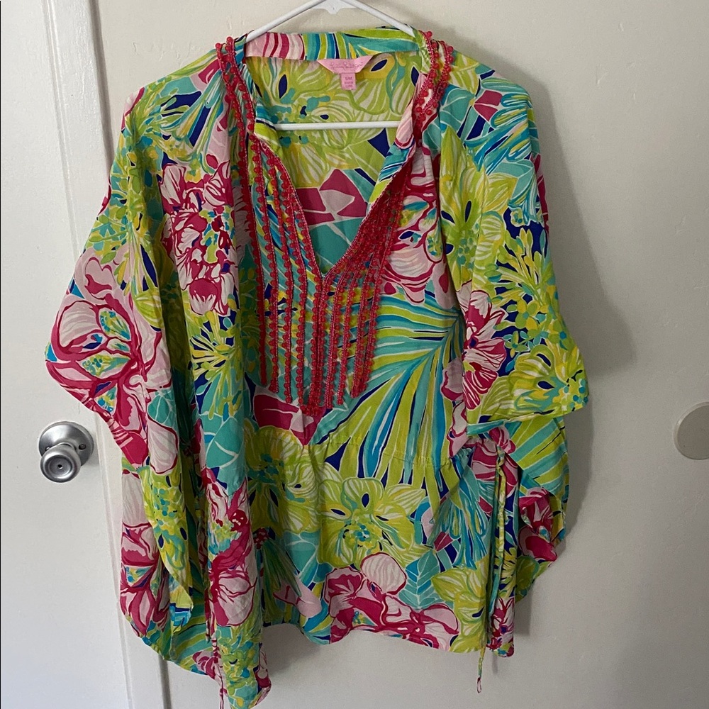 Lilly Pulitzer Adaleesa Silk Short Caftan Land Escape Sz S/M